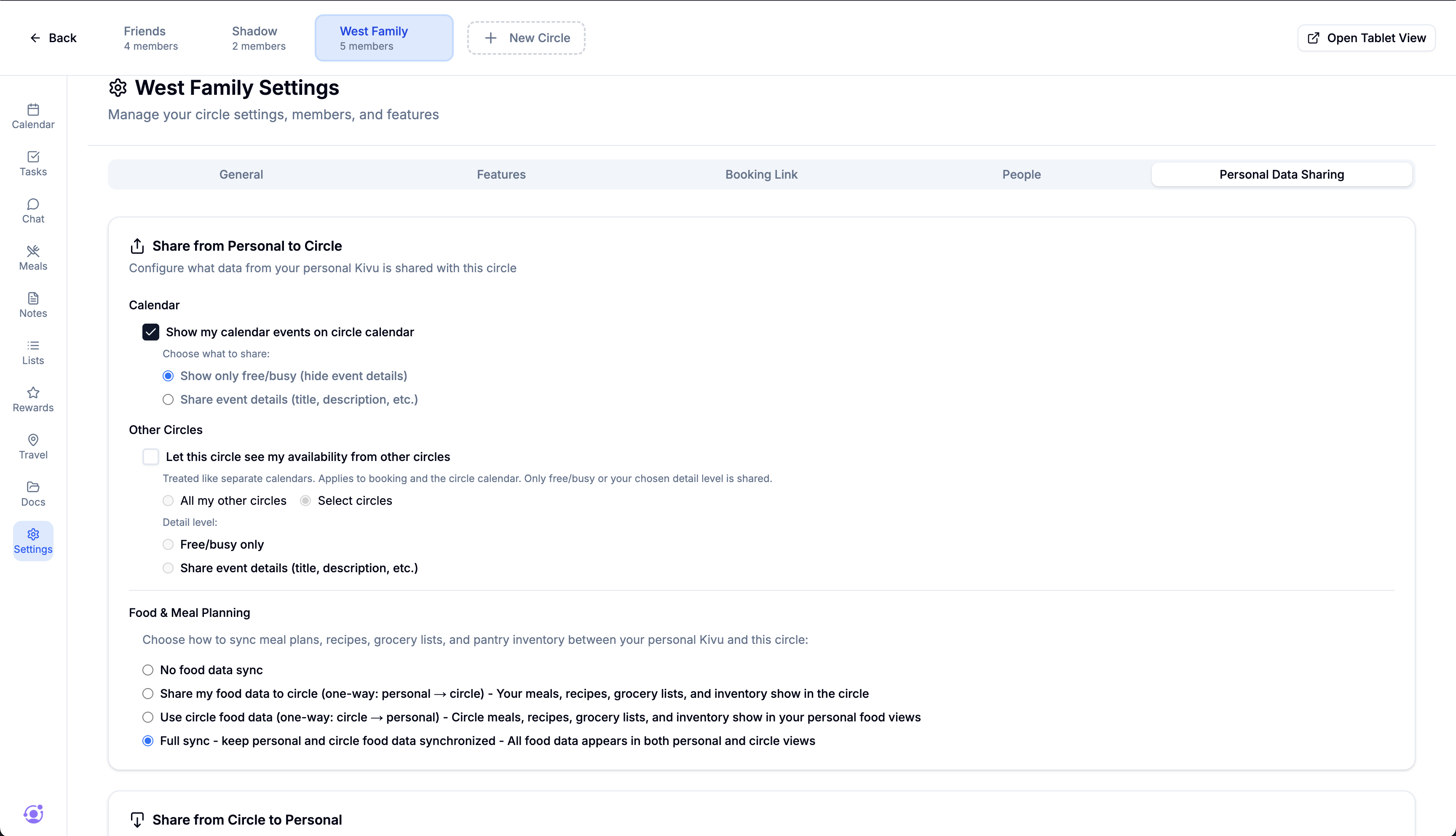 Privacy settings showing personal vs Circle event visibility